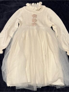 Le chic Cream Knit Tulle Formal Girls Dress Floral Appliqués 3T